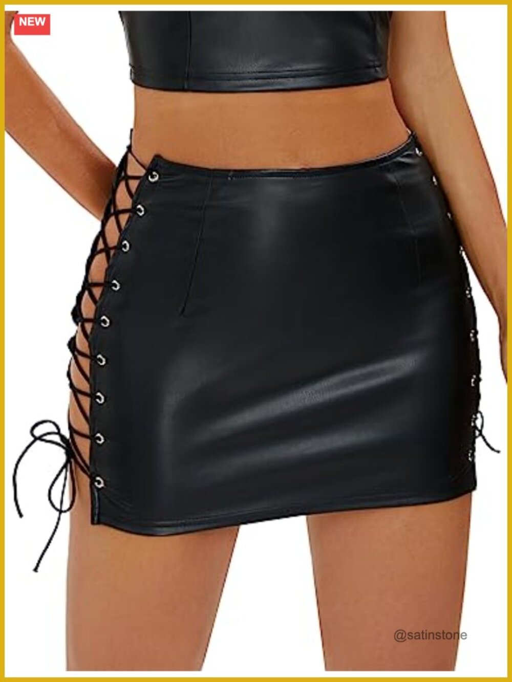 High Waisted PU Leather Mini Skirt with Lace-Up Sides